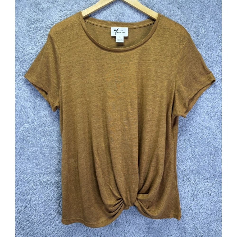 Andrea Jovine Womens XL Linen Brown Tie Front Scoop Neck Short Sleeve Top Casual